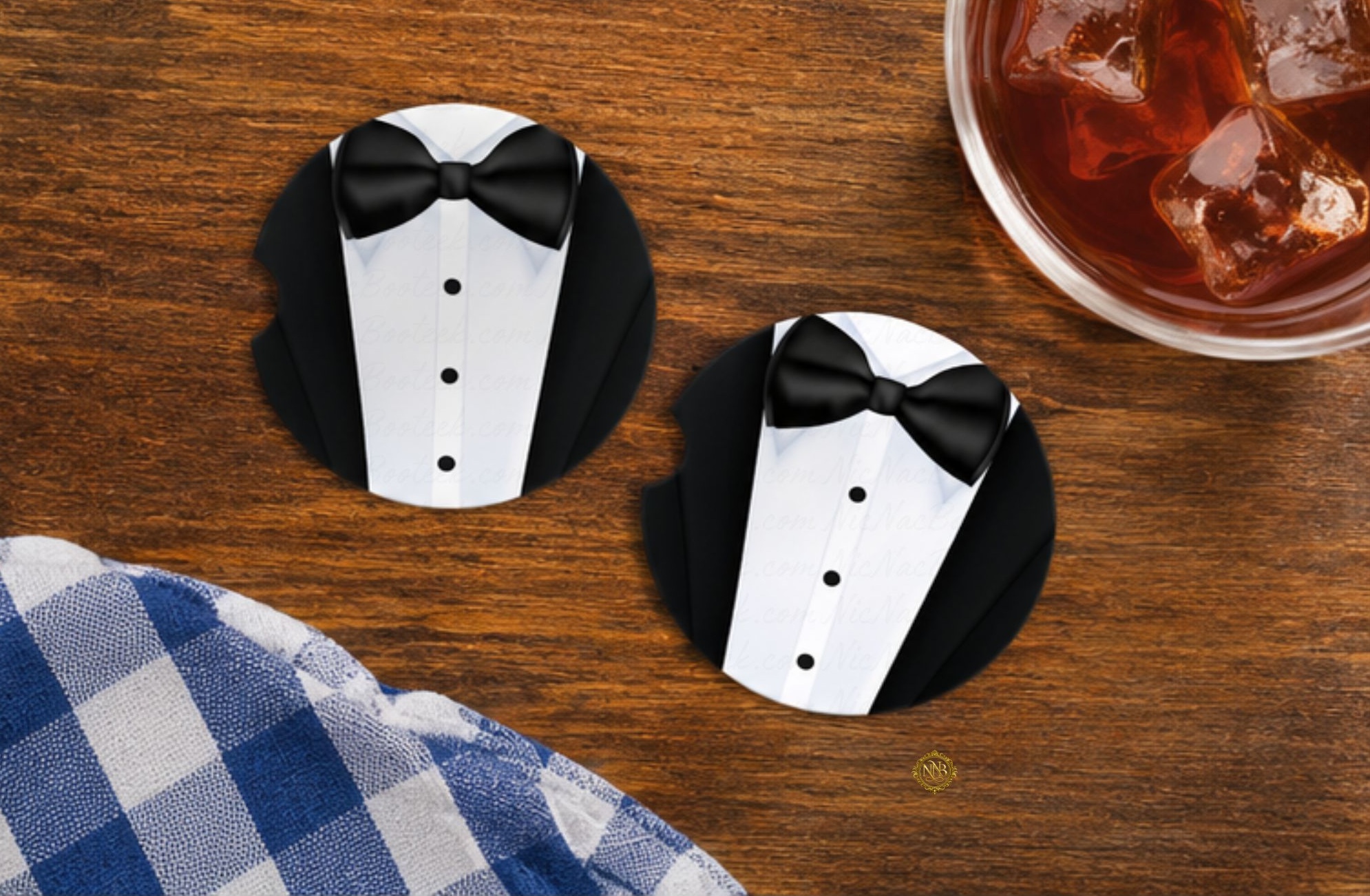 Tuxedo-inspired ceramic car coaster set displayed on a warm wooden surface with luxury black bowtie artwork and masculine boutique styling.