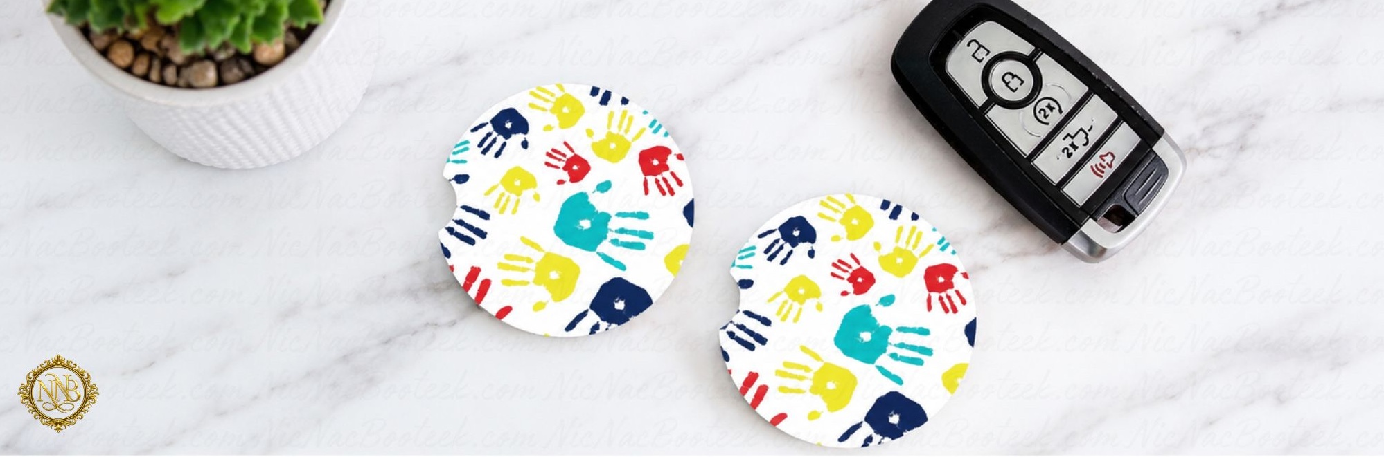 Handmade Autism Awareness Car Coasters featuring colorful children’s art inspired ceramic automotive décor.