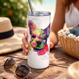 French Bulldog 20 oz stainless steel sublimation tumbler with colorful pop art design styled on an outdoor picnic table with lid and straw.