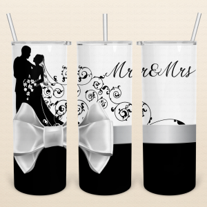 mr and mrs wedding tumbler black and white silhouette design front view