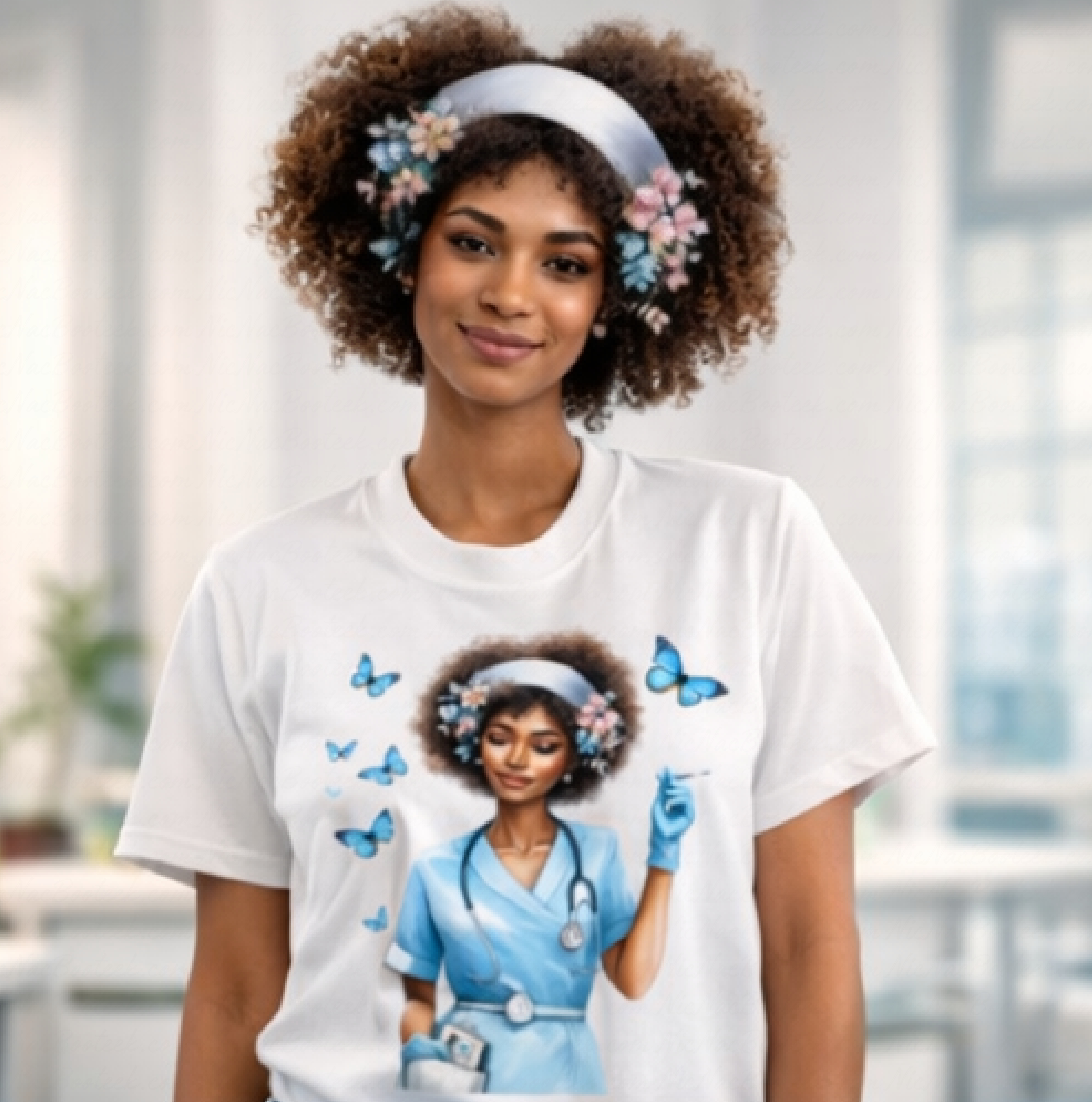 Butterfly Bliss Nurse sublimation T-shirt front view by NicNacBooteek