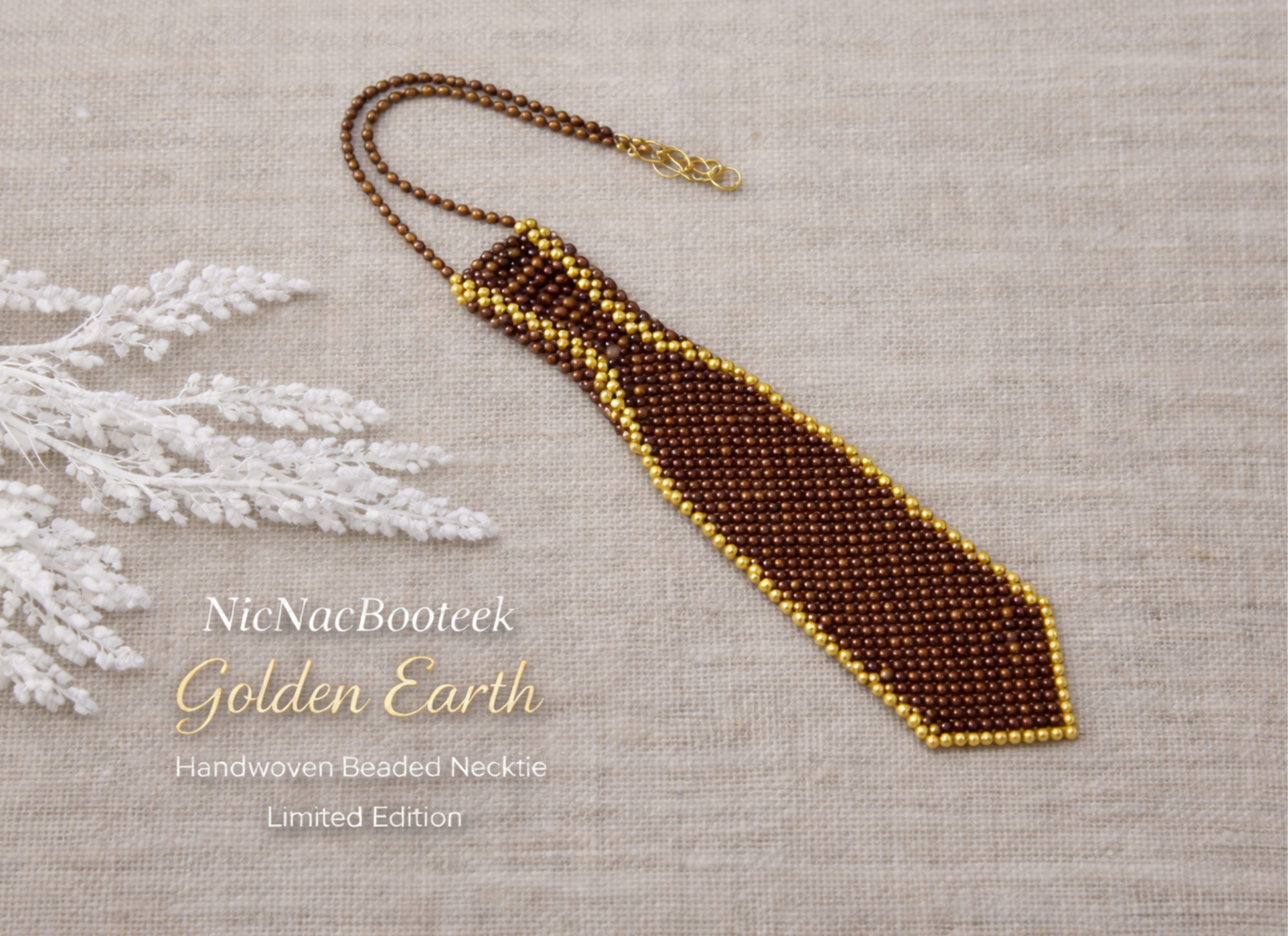 Handwoven beaded necktie in Golden Earth with brown and gold beads on neutral linen background