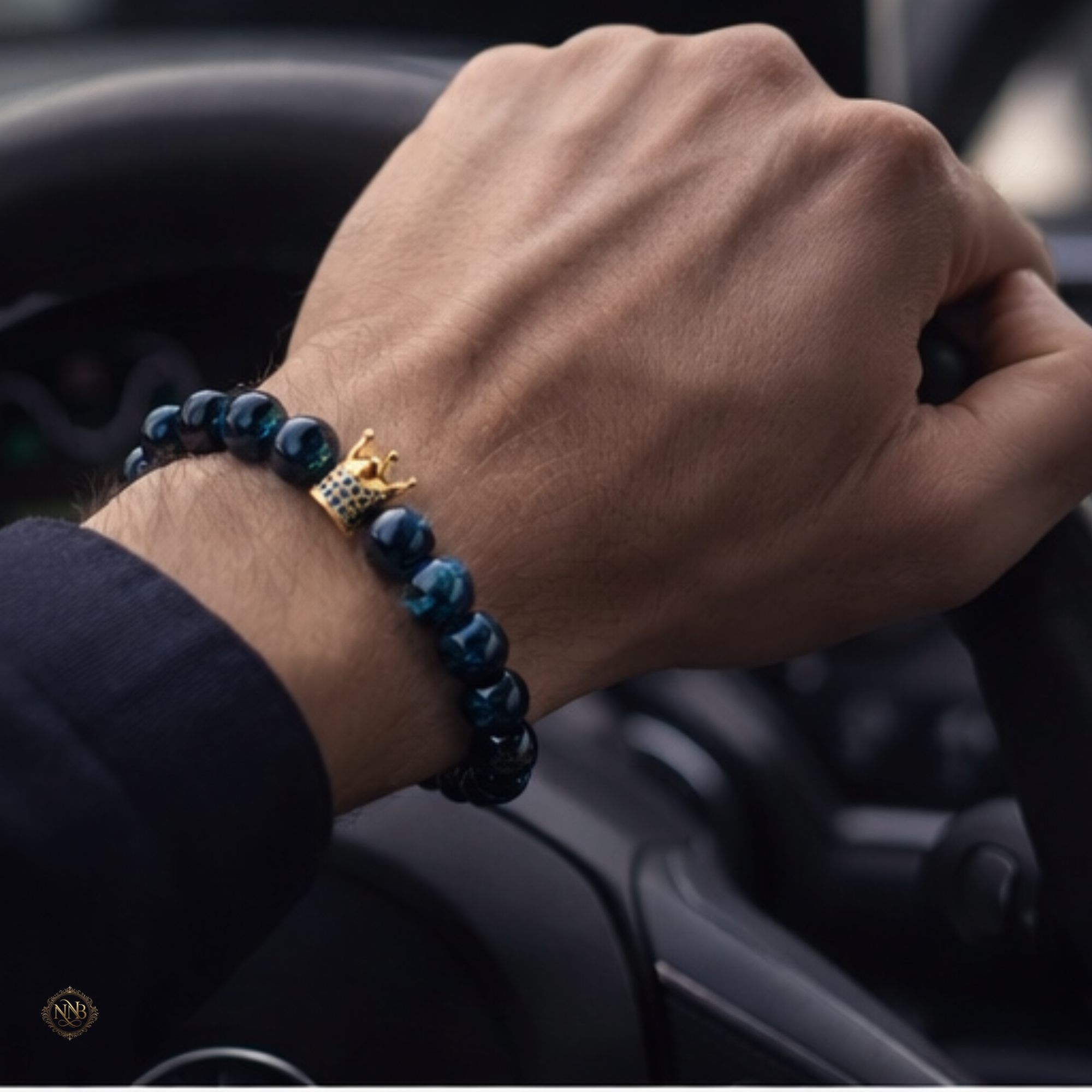 Close-up of man’s wrist wearing Blue Dynasty blue tiger eye crown bracelet while driving