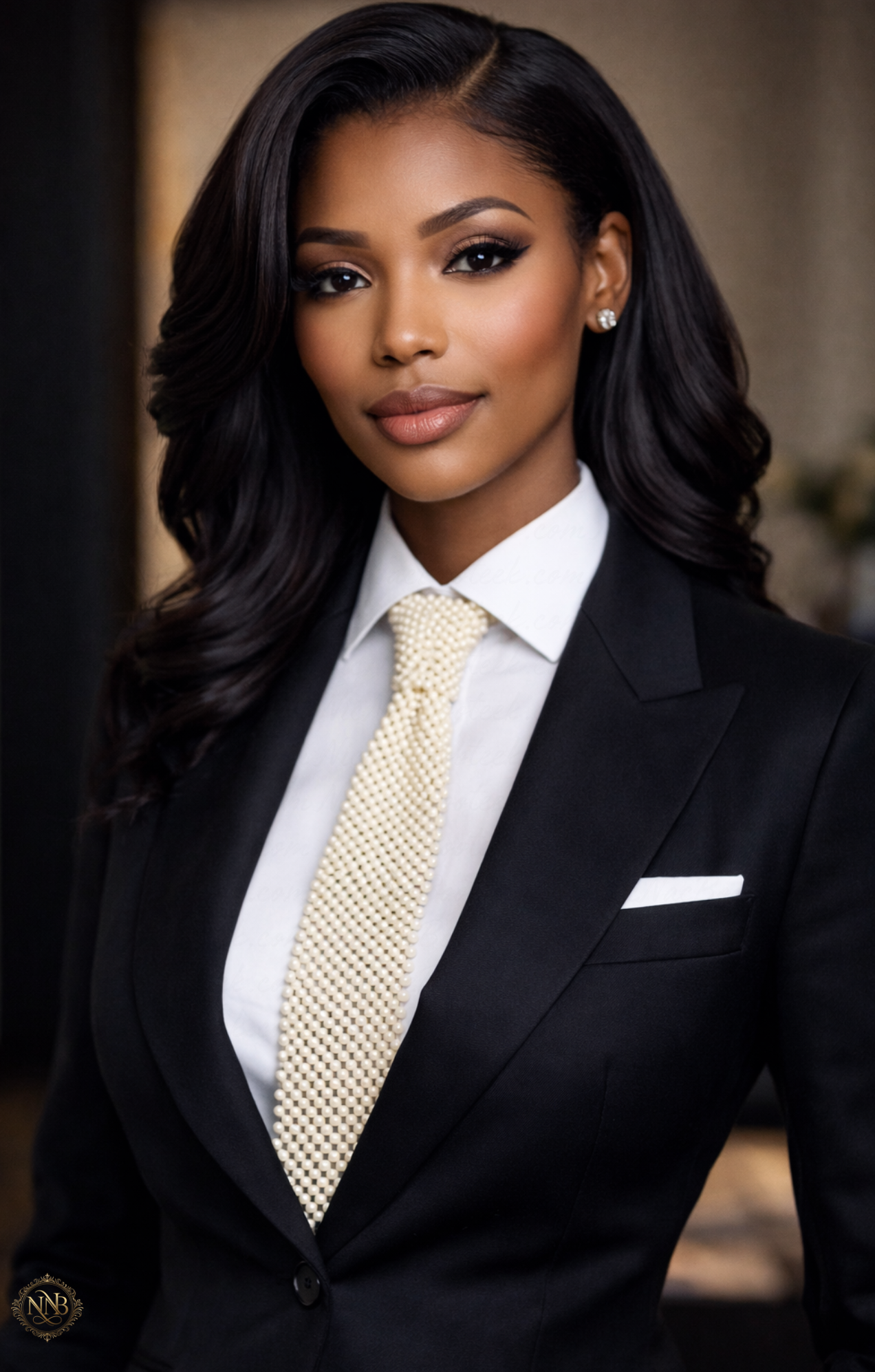 Professional woman styled in black suit with ivory statement beaded tie from the NicNacBooteek collection