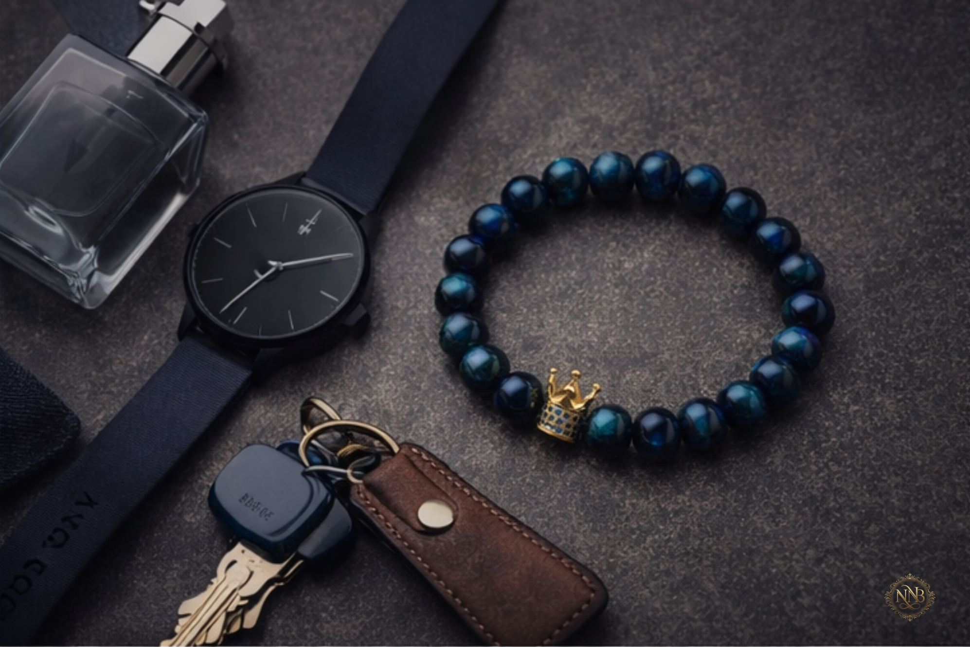 Blue Dynasty bracelet arranged on executive desk with keys, timepiece, and cologne