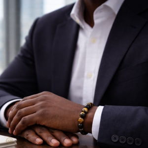 Executive seated at a boardroom table wearing a 12mm Tiger Eye beaded bracelet with magnetic clasp, styled with a navy suit.