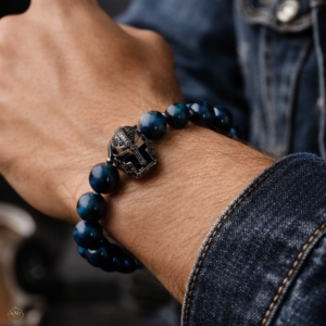 Blue Tiger’s Eye 11mm men’s bracelet with black helmet centerpiece and toggle clasp, handmade luxury beaded bracelet for 8.5 inch wrist.