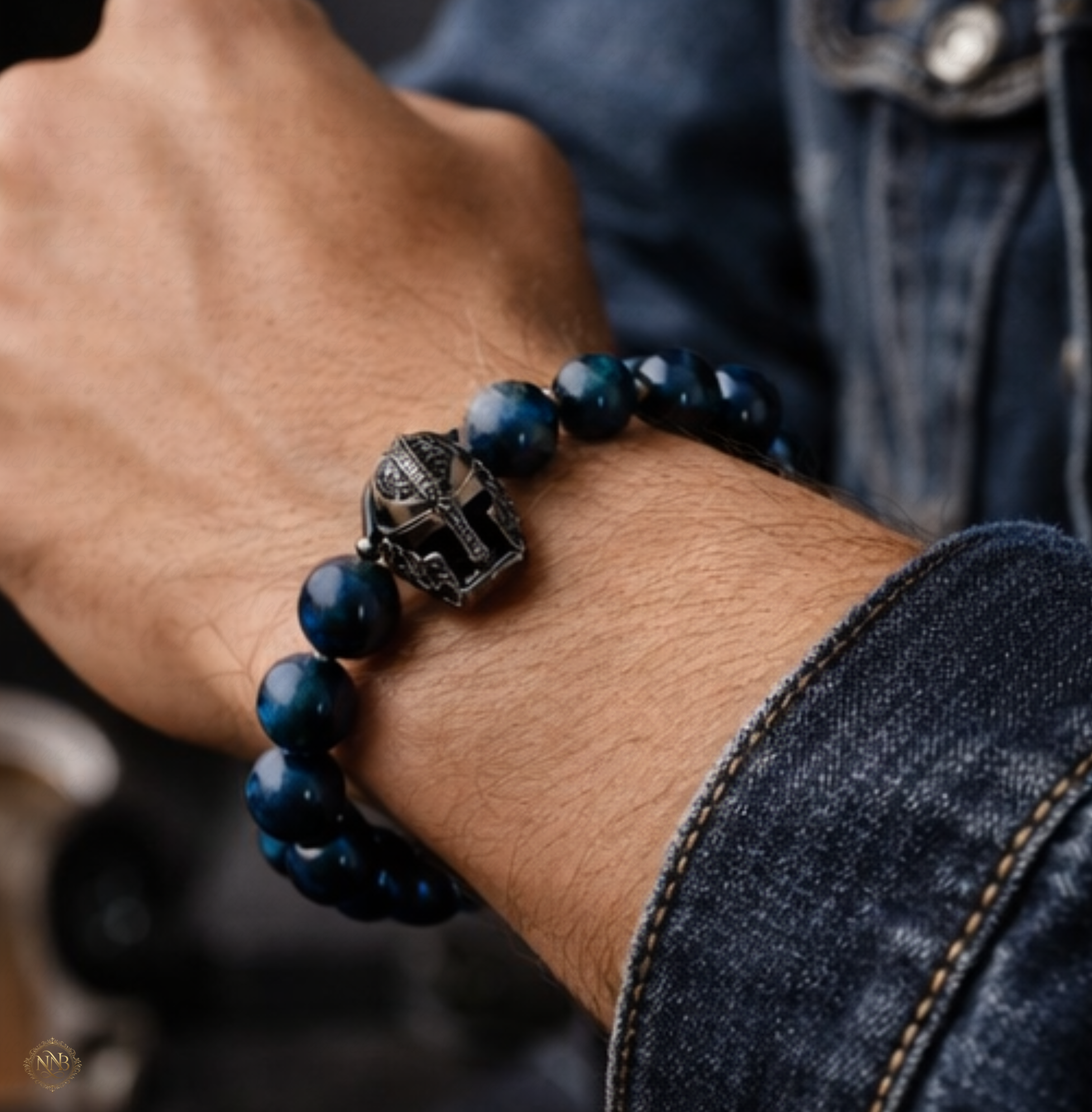 Blue Tiger’s Eye 11mm men’s bracelet with black helmet centerpiece and toggle clasp, handmade luxury beaded bracelet for 8.5 inch wrist.
