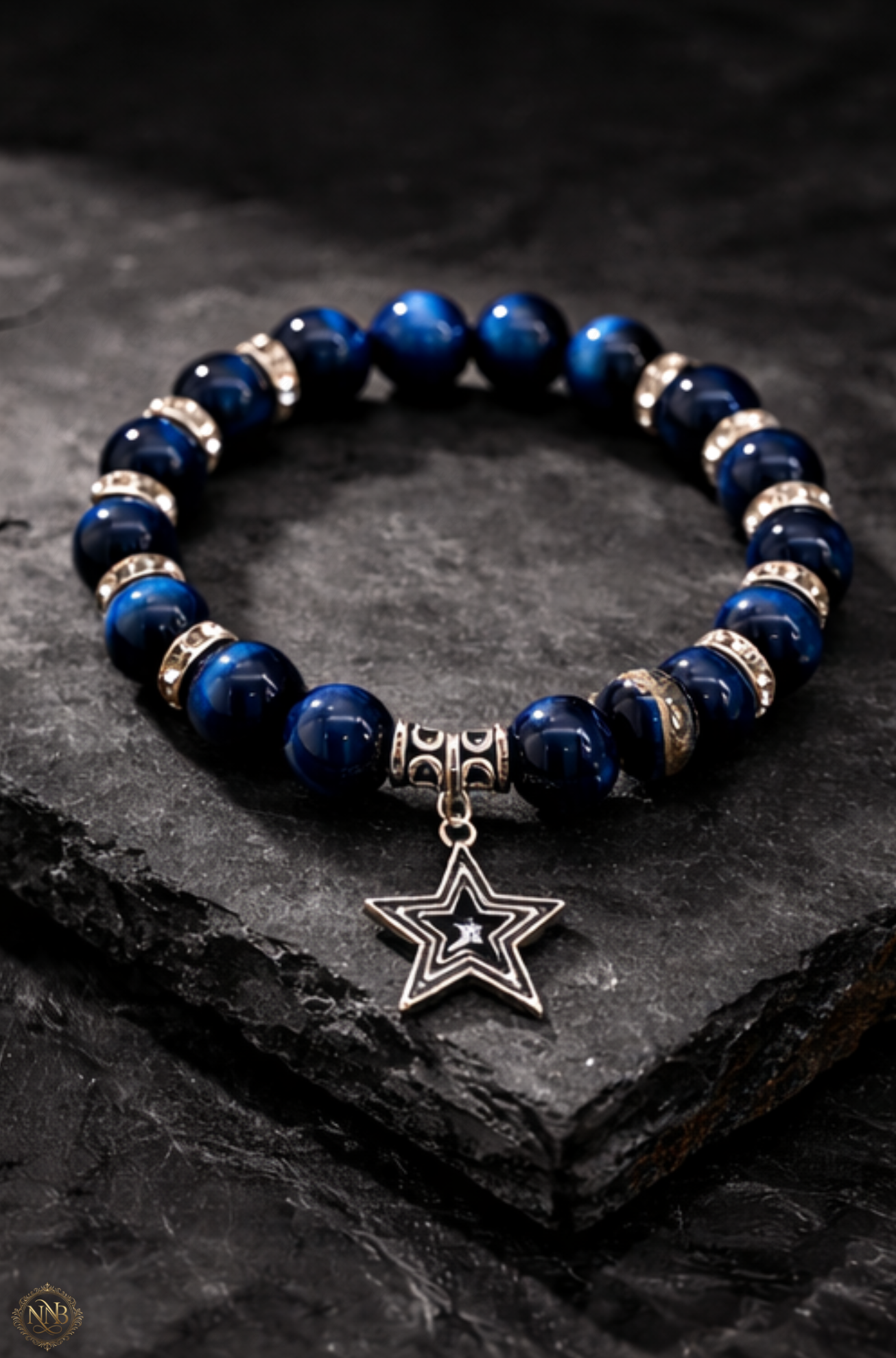 Limited Release Blue Tiger’s Eye 12mm Unisex Stretch Bracelet with Silver Star Charm - Image 3