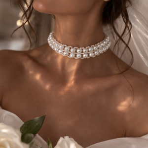 Close-up of lips and collarbone wearing ivory 8mm pearl glass bead choker with 11/0 seed bead accents.