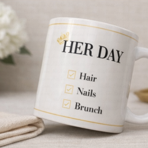 HER DAY statement mug styled in a refined neutral lifestyle setting