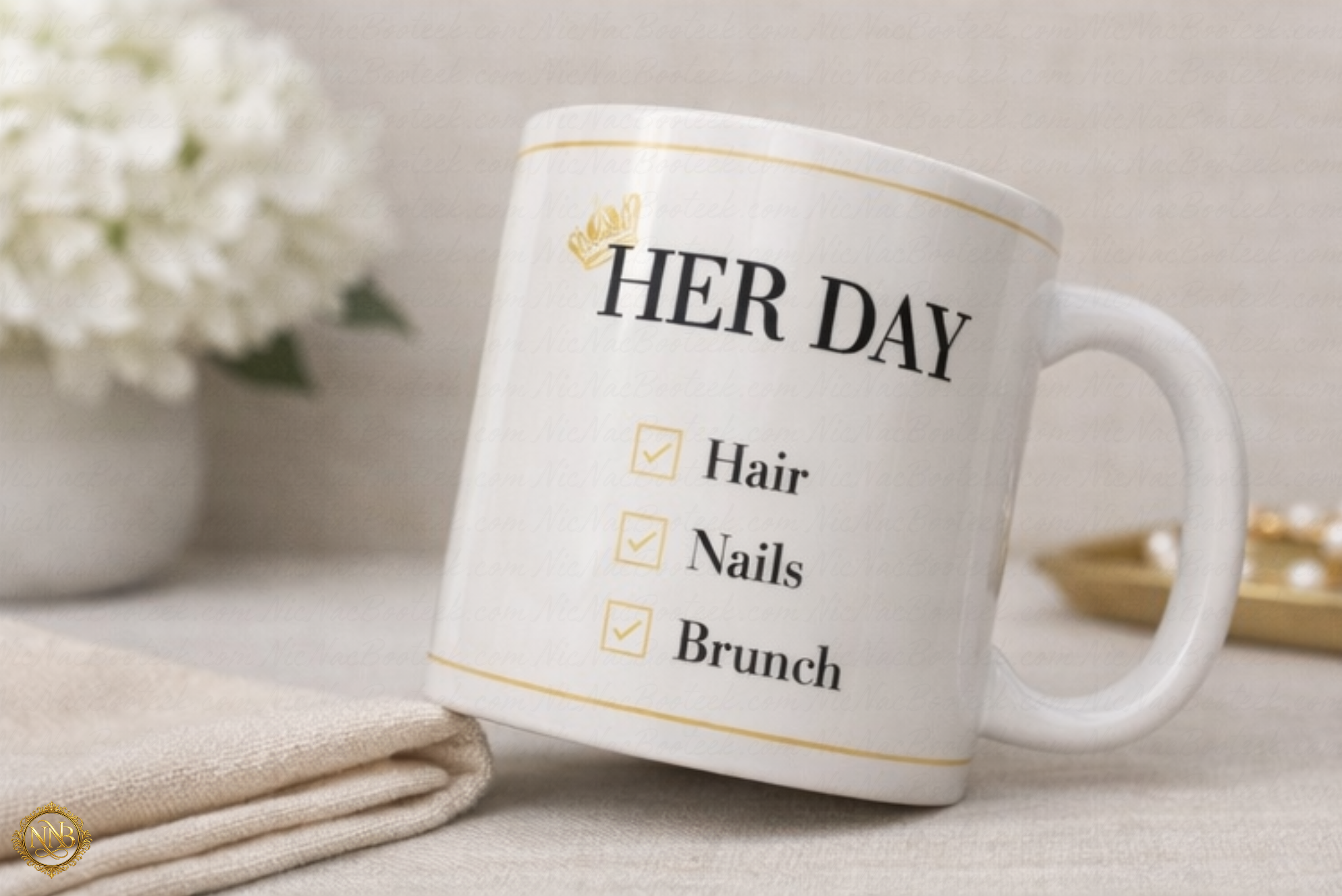 HER DAY statement mug styled in a refined neutral lifestyle setting