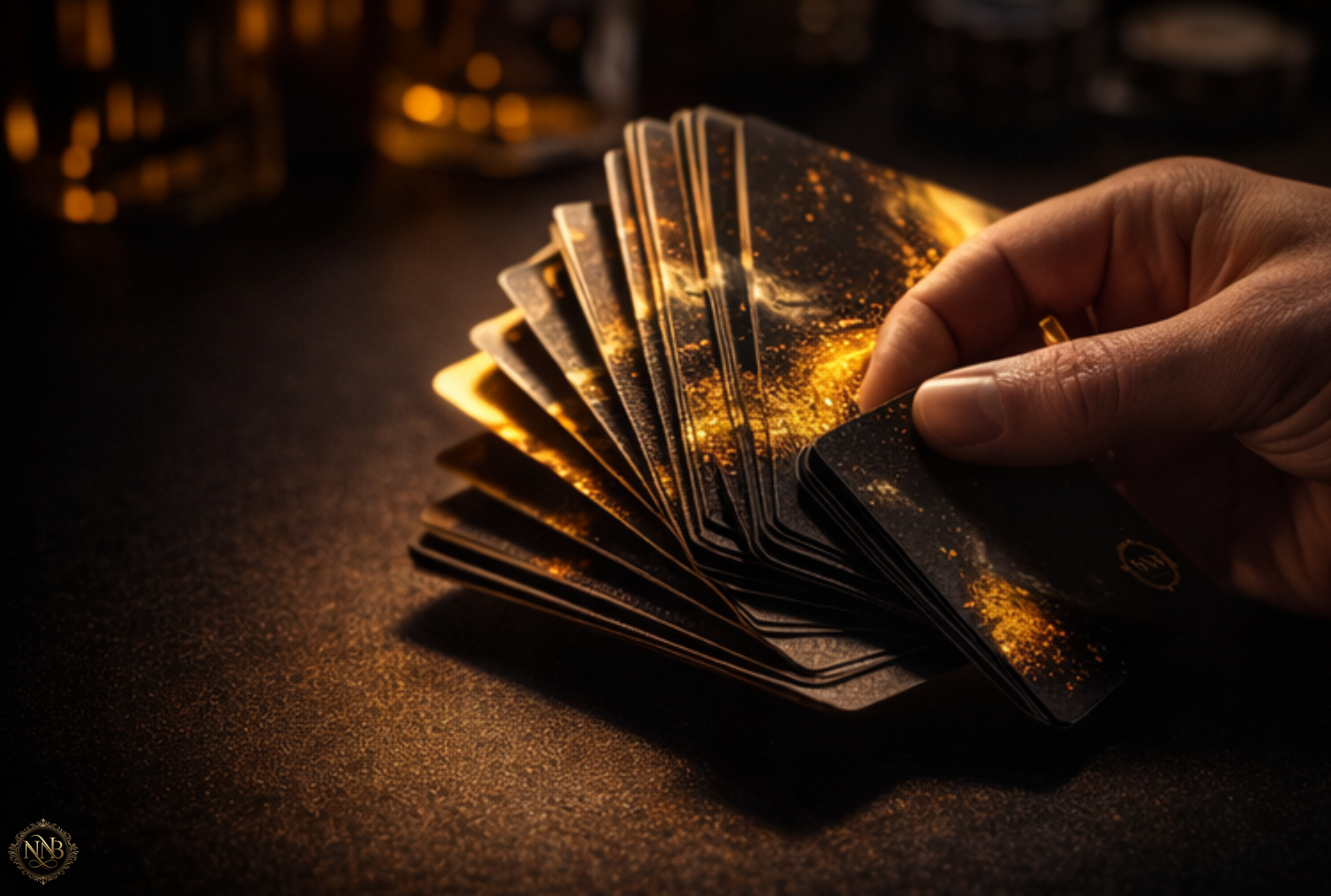 Hand shuffling black and gold Auric Rift luxury playing cards