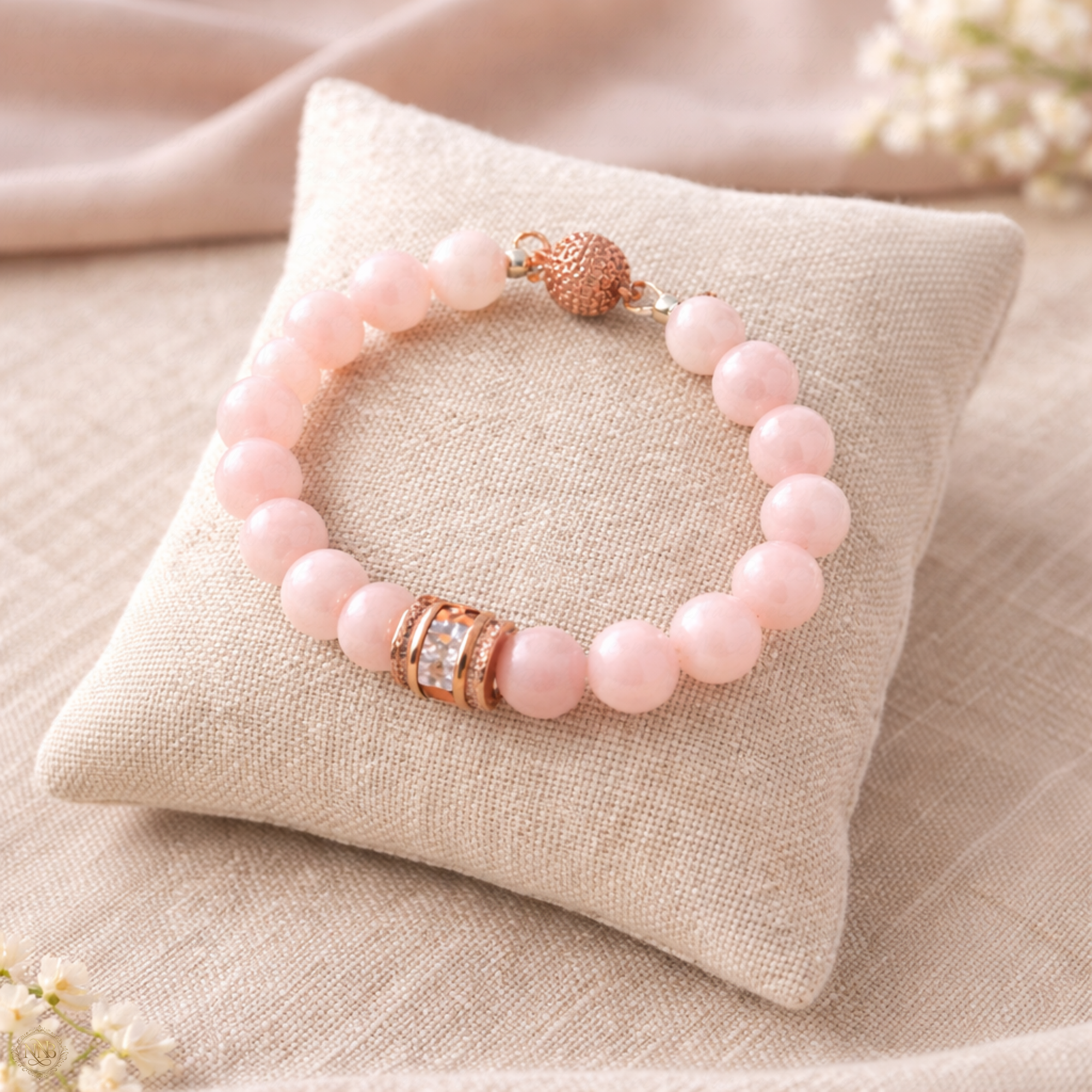 Handcrafted light pink chalcedony gemstone bracelet displayed on textured linen cushion.