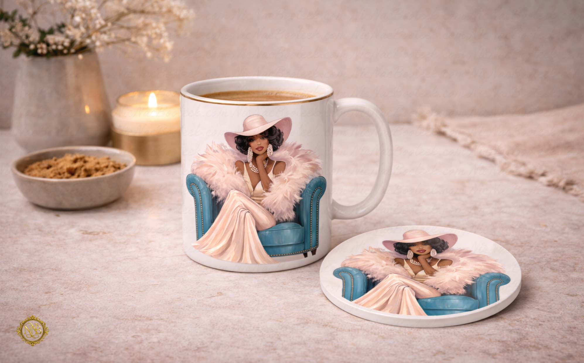 Luxury ceramic mug and matching coaster set featuring elegant fashion illustration with gold rim detail.