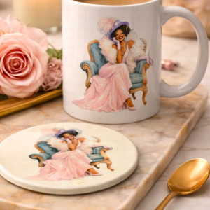 The Satin Heiress luxury mug and matching coaster set styled on neutral marble surface