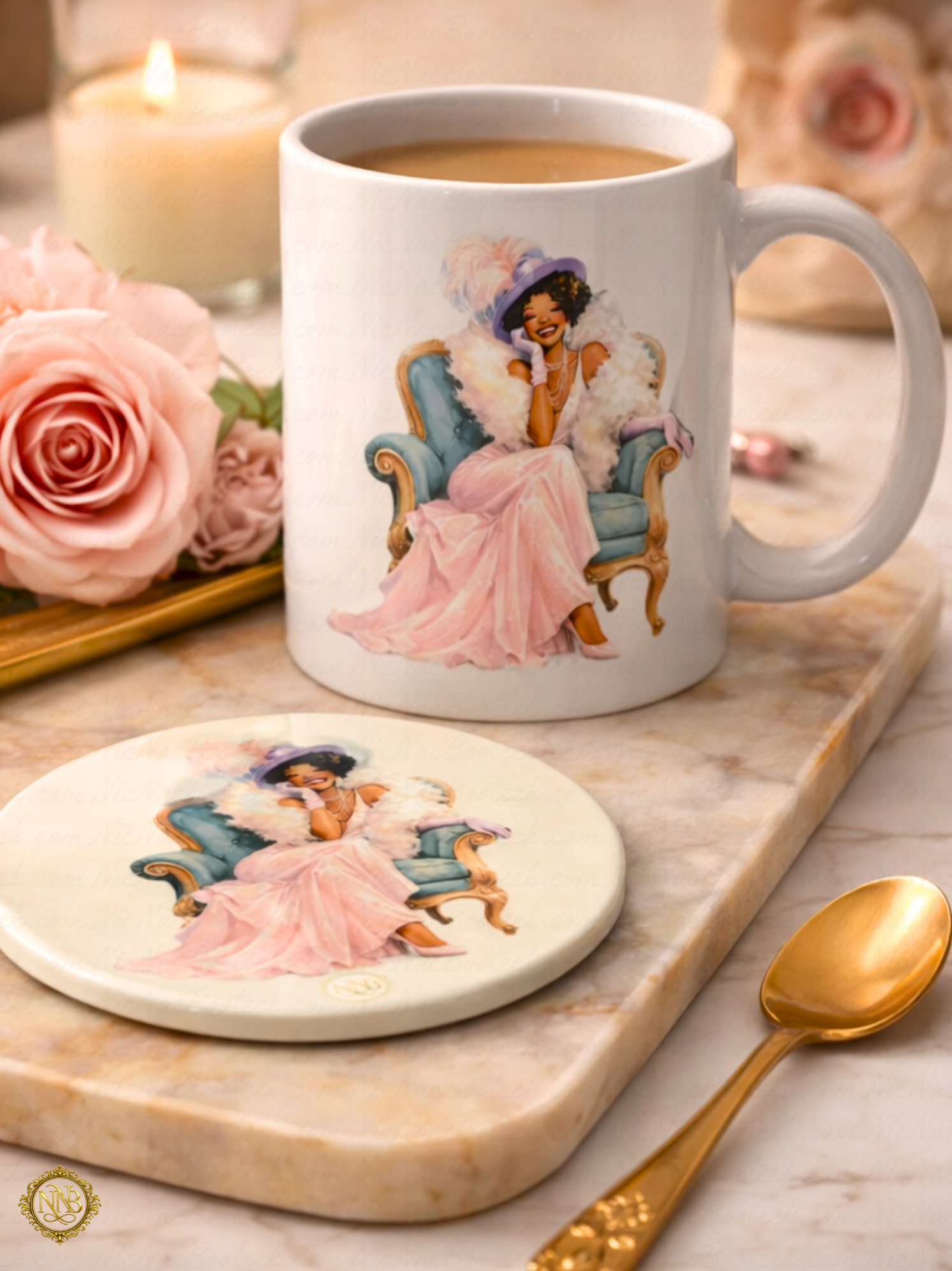 The Satin Heiress luxury mug and matching coaster set styled on neutral marble surface