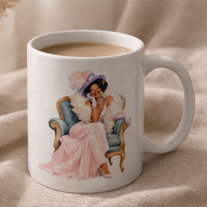 The Satin Heiress ceramic mug featuring elegant vintage inspired illustration in blush pink tones