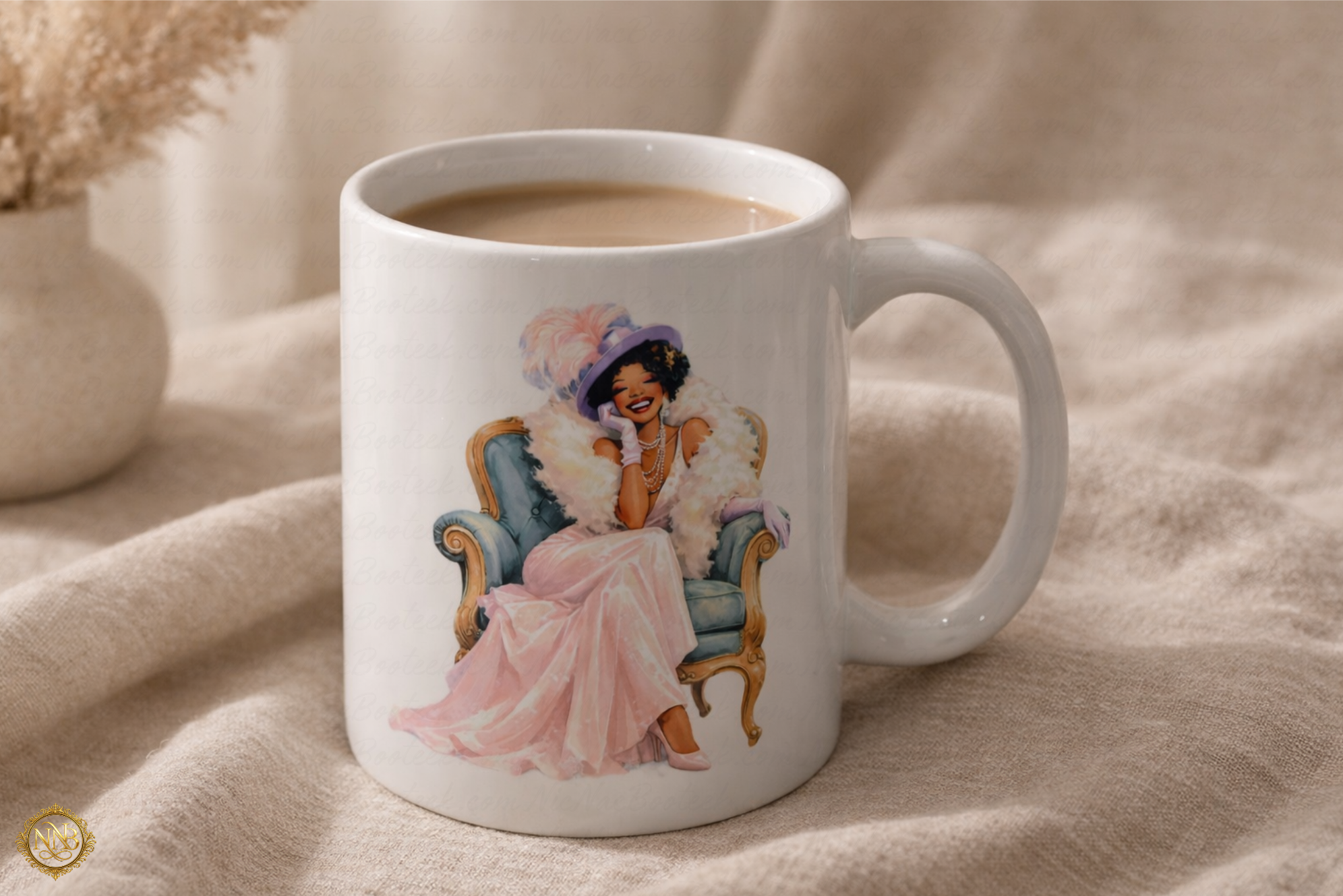The Satin Heiress ceramic mug featuring elegant vintage inspired illustration in blush pink tones