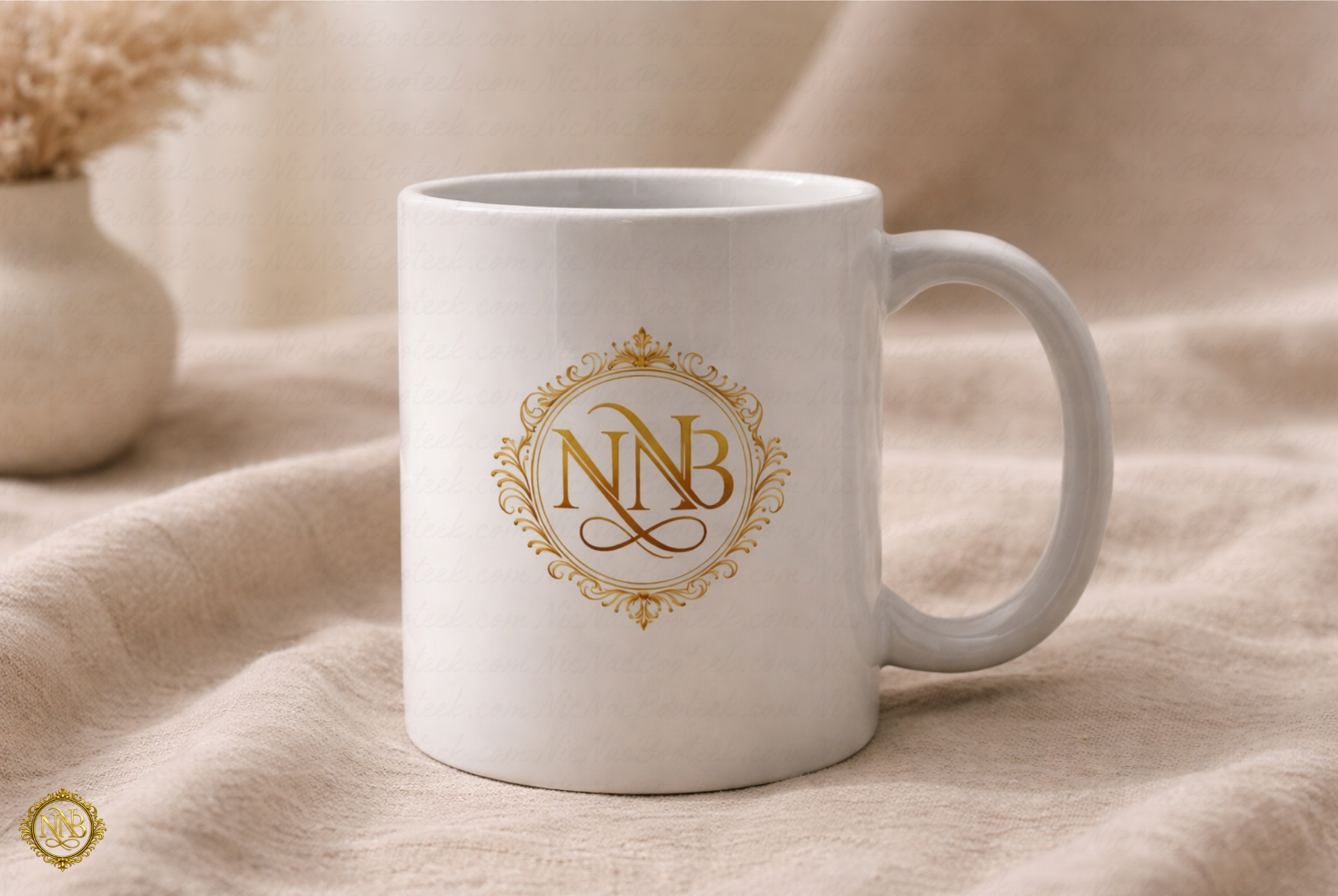 White ceramic coffee mug with gold NNB crest logo on back luxury design detail