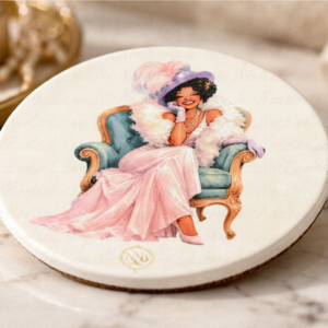 Velvet Muse round gloss coaster with vintage glamour artwork coordinating drink accessory