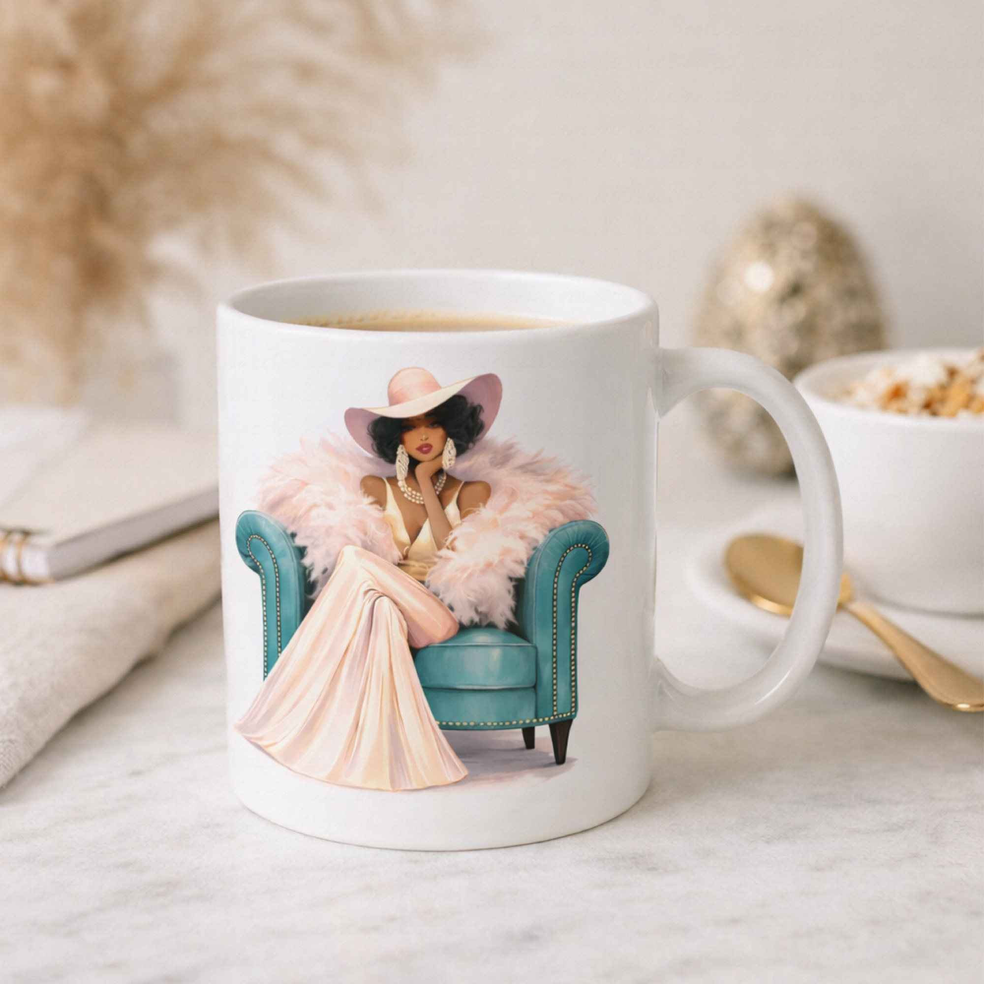 Velvet Muse Glamour Edition Mug with elegant seated woman design on white ceramic mug, luxury minimalist style