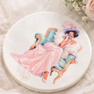 Signature coasters styled on table with mug and minimal decor