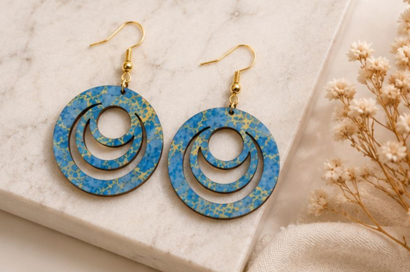 Crescent Luxe Statement Earrings with layered wooden crescent cutouts and marble-inspired finish