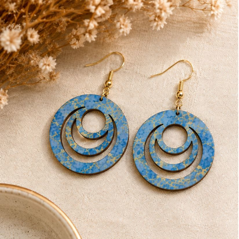 Crescent Luxe Statement Earrings with layered wooden crescent cutouts and marble-inspired finish