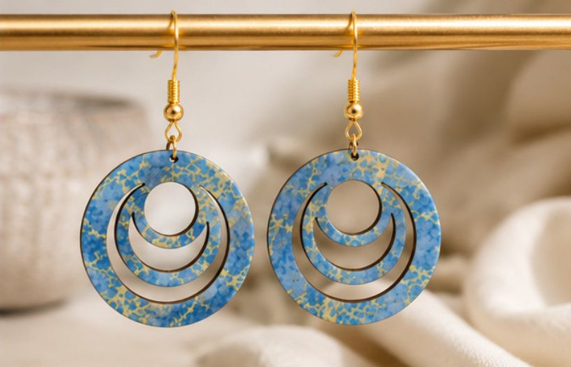 Crescent Luxe Statement Earrings displayed on a gold jewelry bar featuring layered wooden crescent cutout designs with marble-inspired finishes