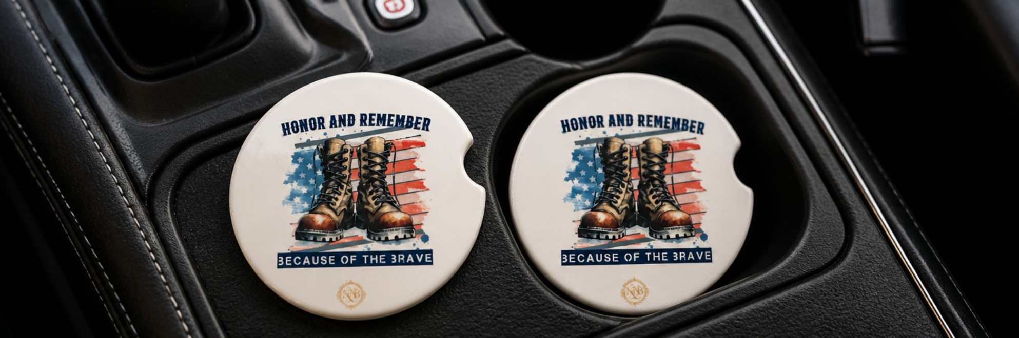 Patriotic ceramic car coasters featuring combat boots and American flag artwork displayed inside a luxury vehicle cup holder.