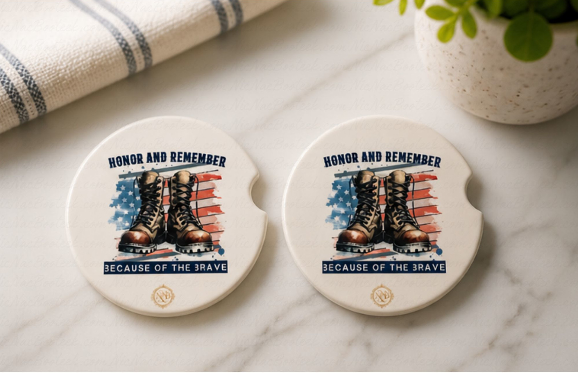 Patriotic absorbent ceramic car coaster set displayed on soft marble background for WooCommerce product photography.
