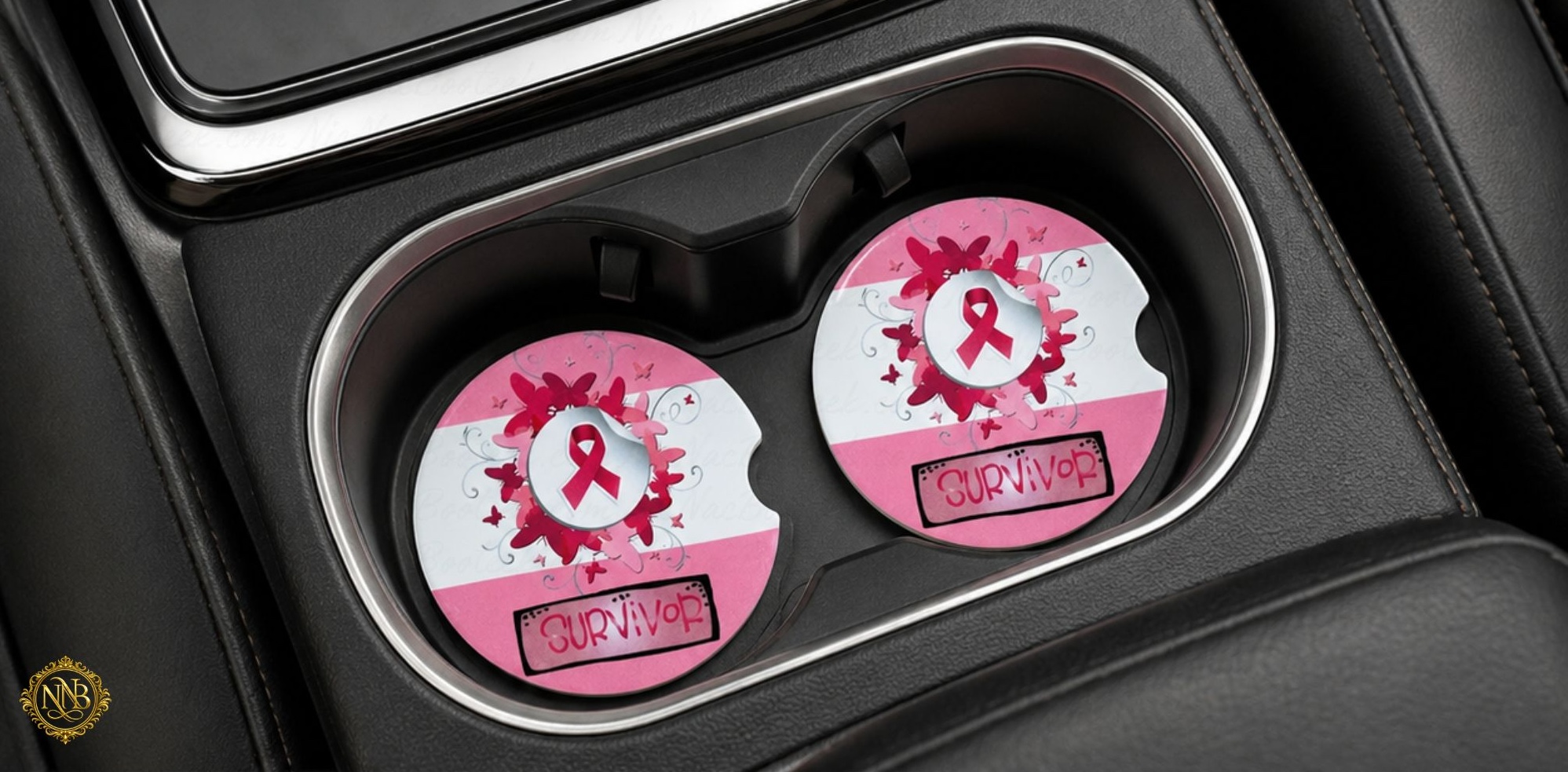 Survivor Pink Ribbon Car Coaster Set of 2 placed inside vehicle cup holders featuring pink ribbon breast cancer awareness ceramic coaster inserts.