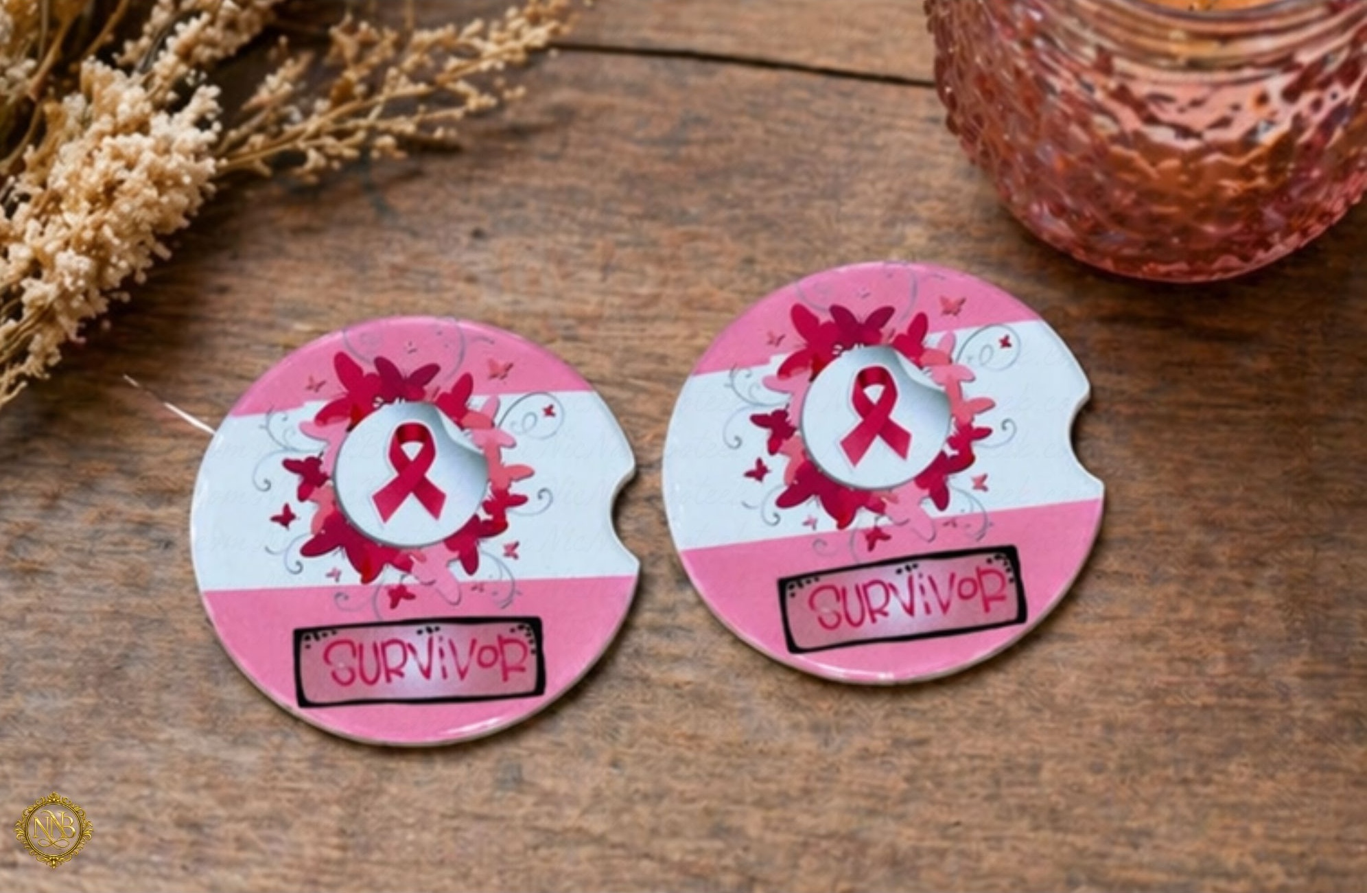 Survivor Pink Ribbon Car Coaster Set featuring handmade ceramic breast cancer awareness artwork with inspirational survivor design.