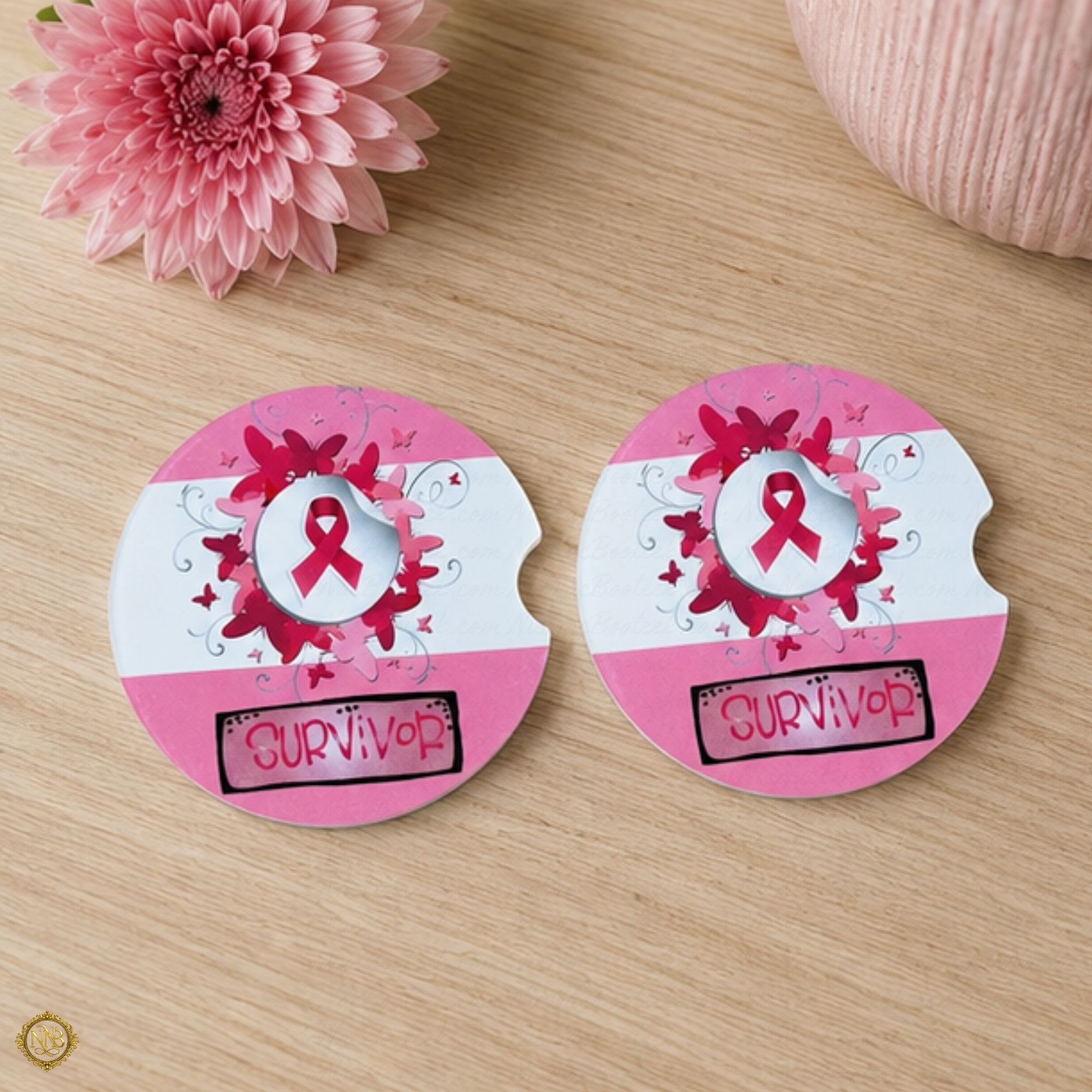 Survivor Pink Ribbon Car Coaster Set of 2 displayed on a soft neutral background featuring handmade ceramic breast cancer awareness artwork with pink ribbon survivor design.