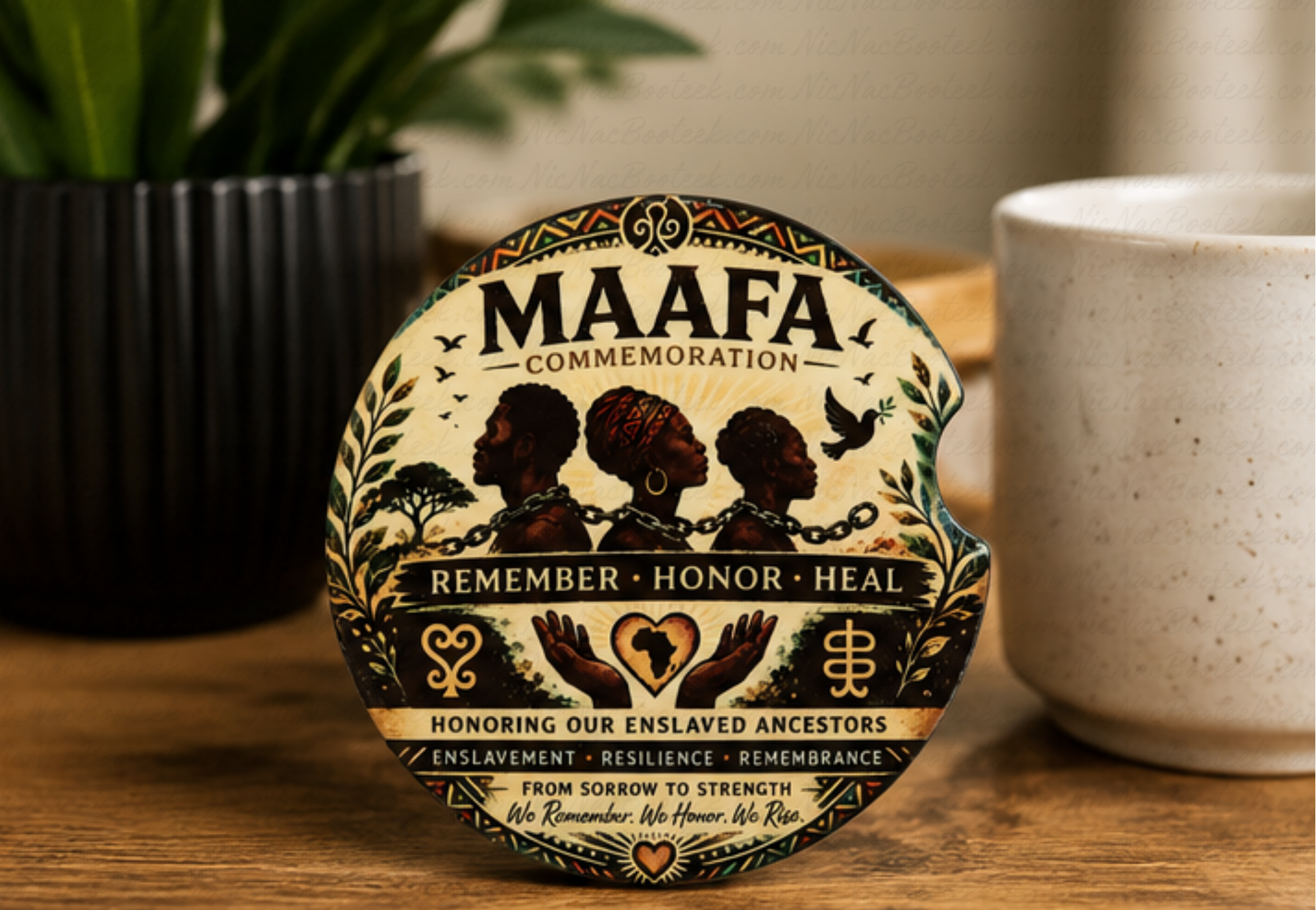 MAAFA Commemoration ceramic car coaster featuring symbolic artwork promoting remembrance, honor, healing, and resilience.