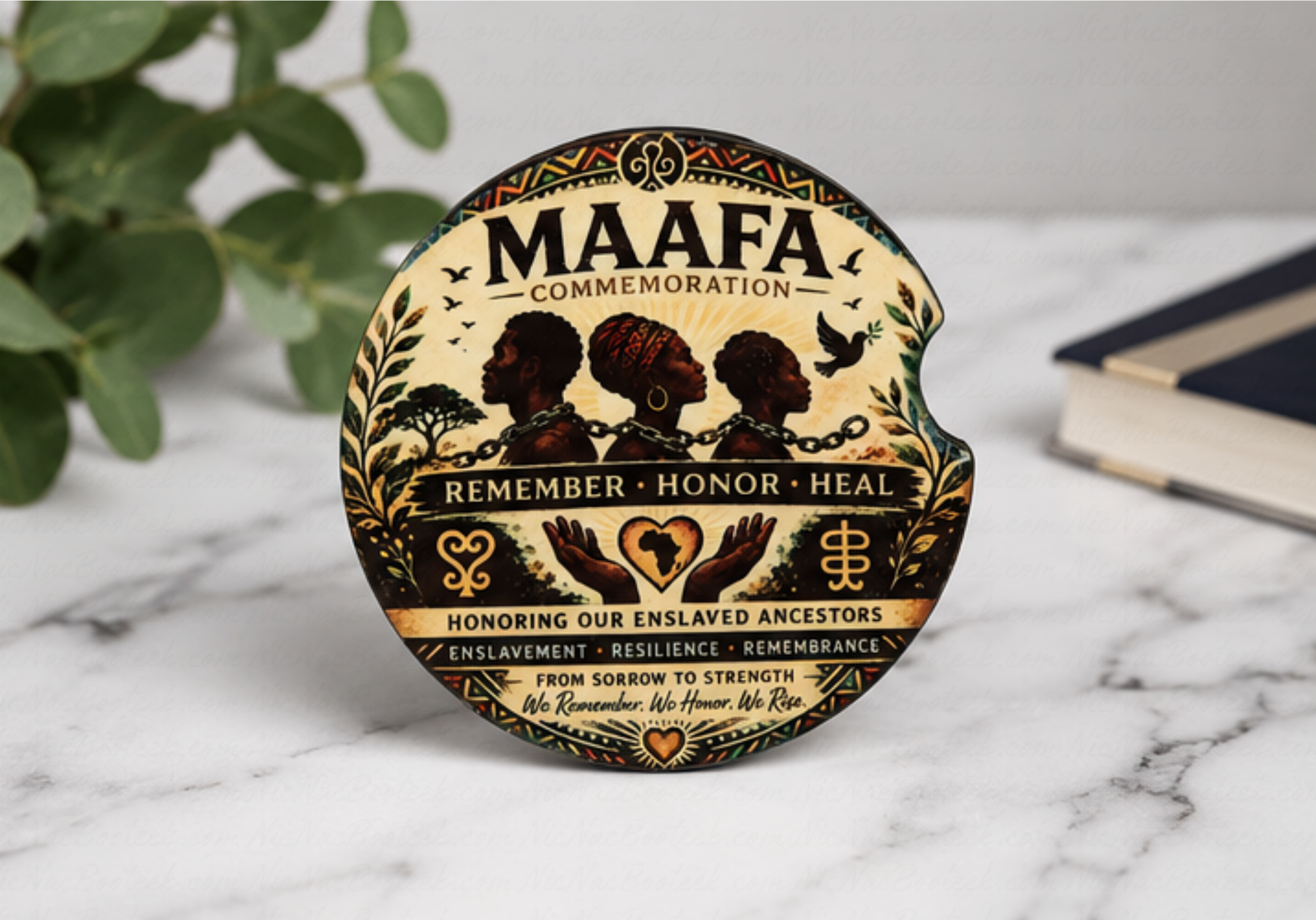 MAAFA Commemoration ceramic car coaster featuring symbolic artwork promoting remembrance, honor, healing, and resilience.