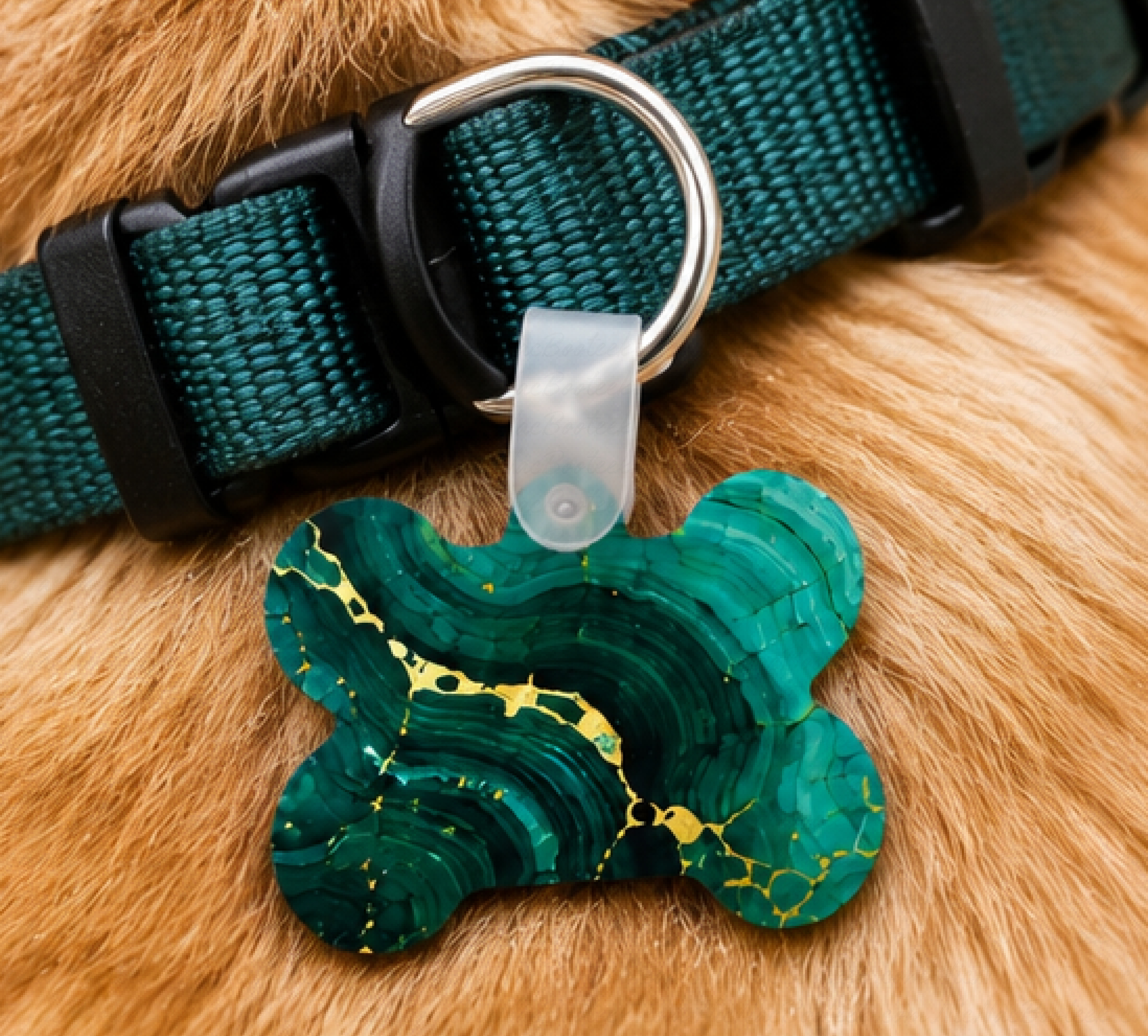 Luxury emerald marble dog tag attached to a green pet collar. Close-up of glossy emerald marble pet ID tag with metallic gold veining.