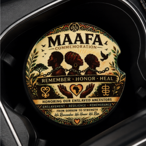 MAAFA Ceramic Car Coaster with commemorative artwork honoring enslaved ancestors.