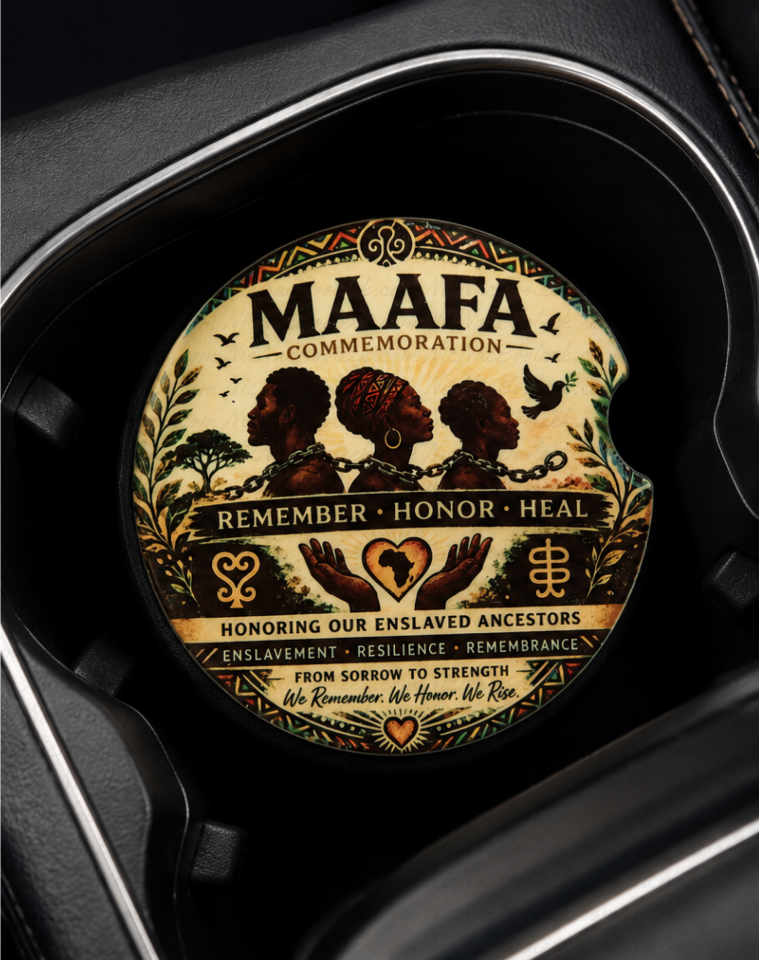 MAAFA Ceramic Car Coaster with commemorative artwork honoring enslaved ancestors.