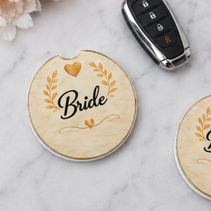 Bride ceramic car coasters set of two with gold botanical design and cork backing