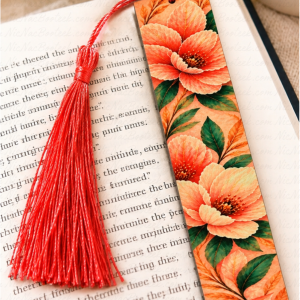 Coral Garden floral wood bookmark with coral flowers, green leaves and coordinating coral tassel.