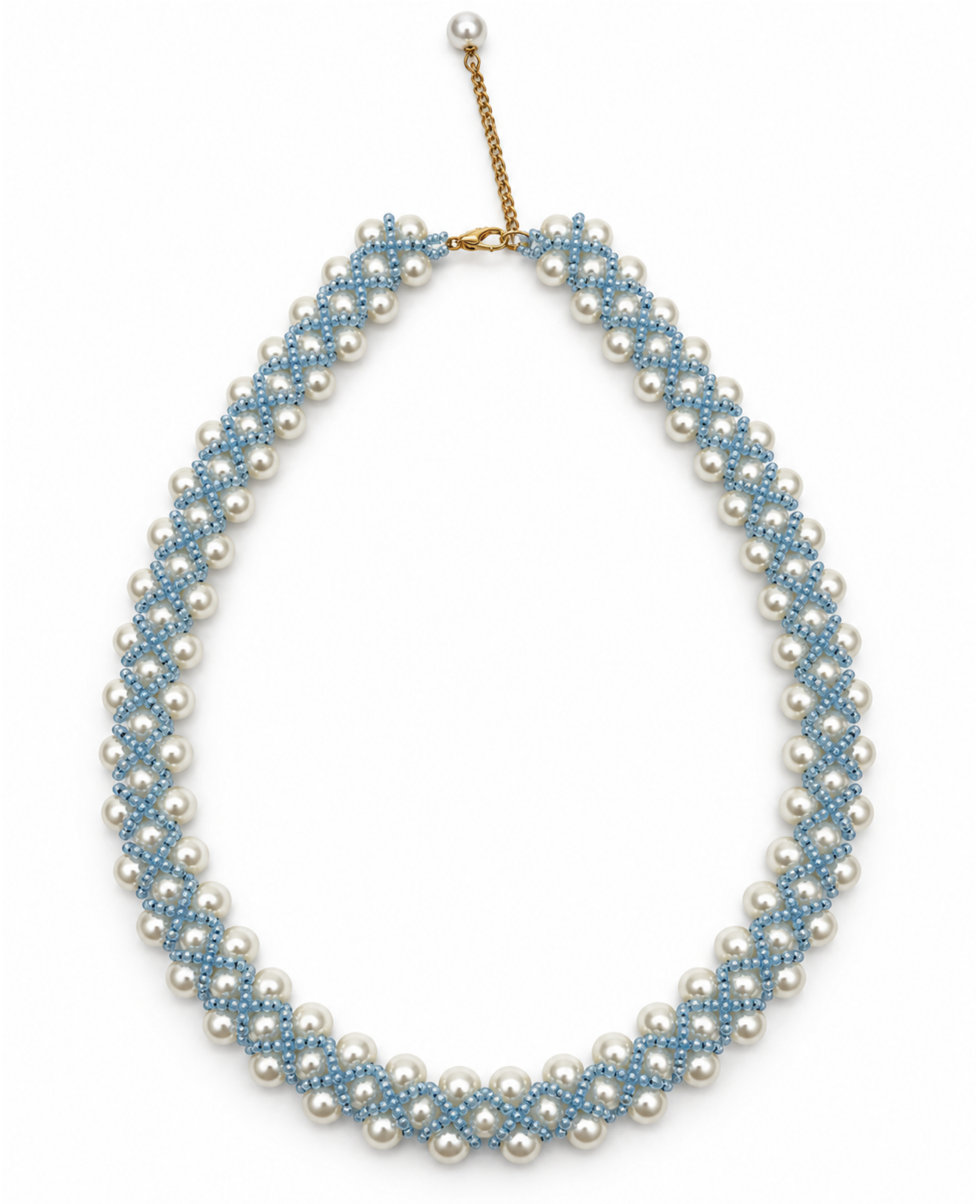 Something Blue Pearl Bridal Necklace Azure Veil with cream glass pearls and pale blue seed beads