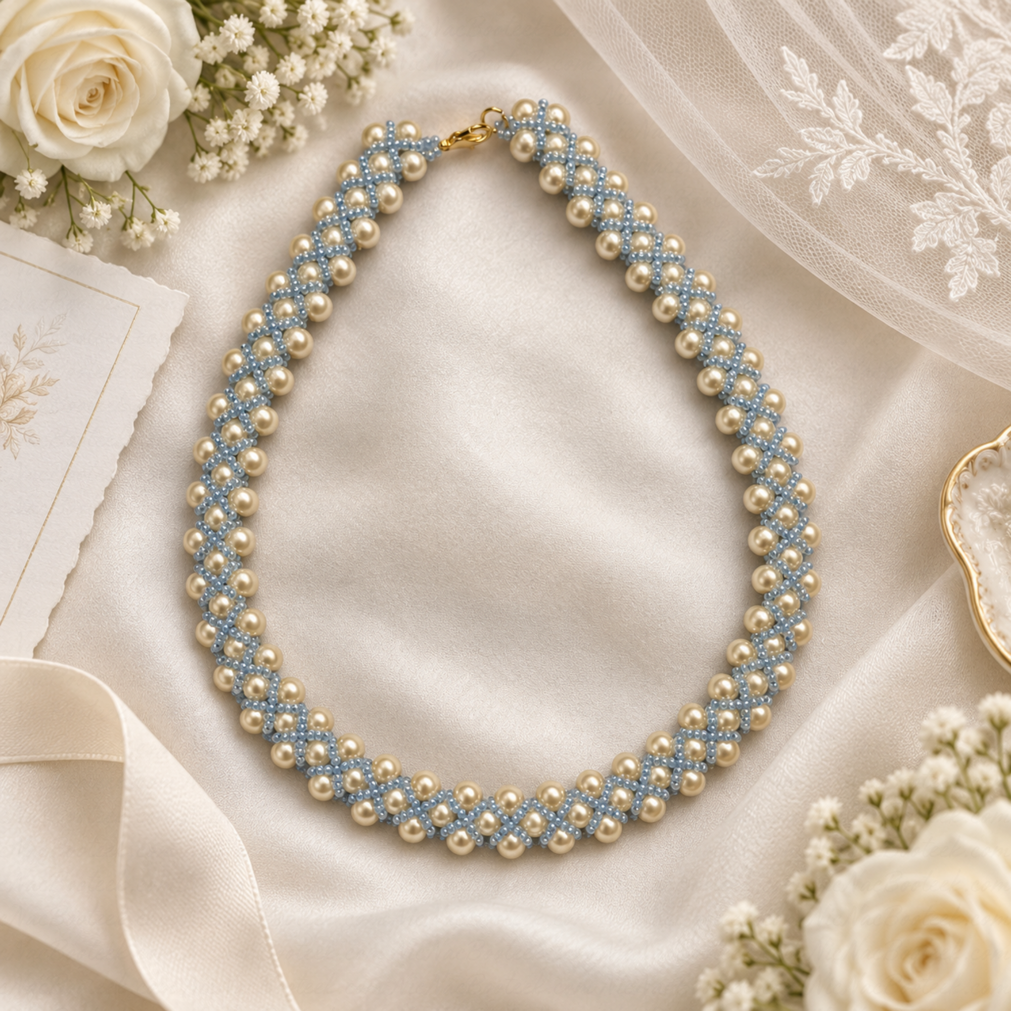 Handwoven pearl wedding necklace with pale blue seed beads in bridal gift presentation