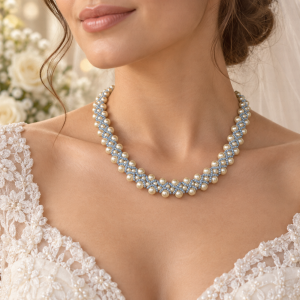 Bride wearing Something Blue Pearl Bridal Necklace with ivory wedding gown